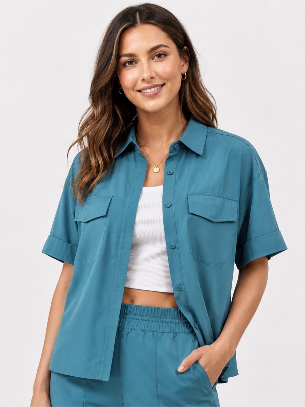 Athleta Hike Packable Top Women’s Medium Teal Blue Button Front Travel Shirt